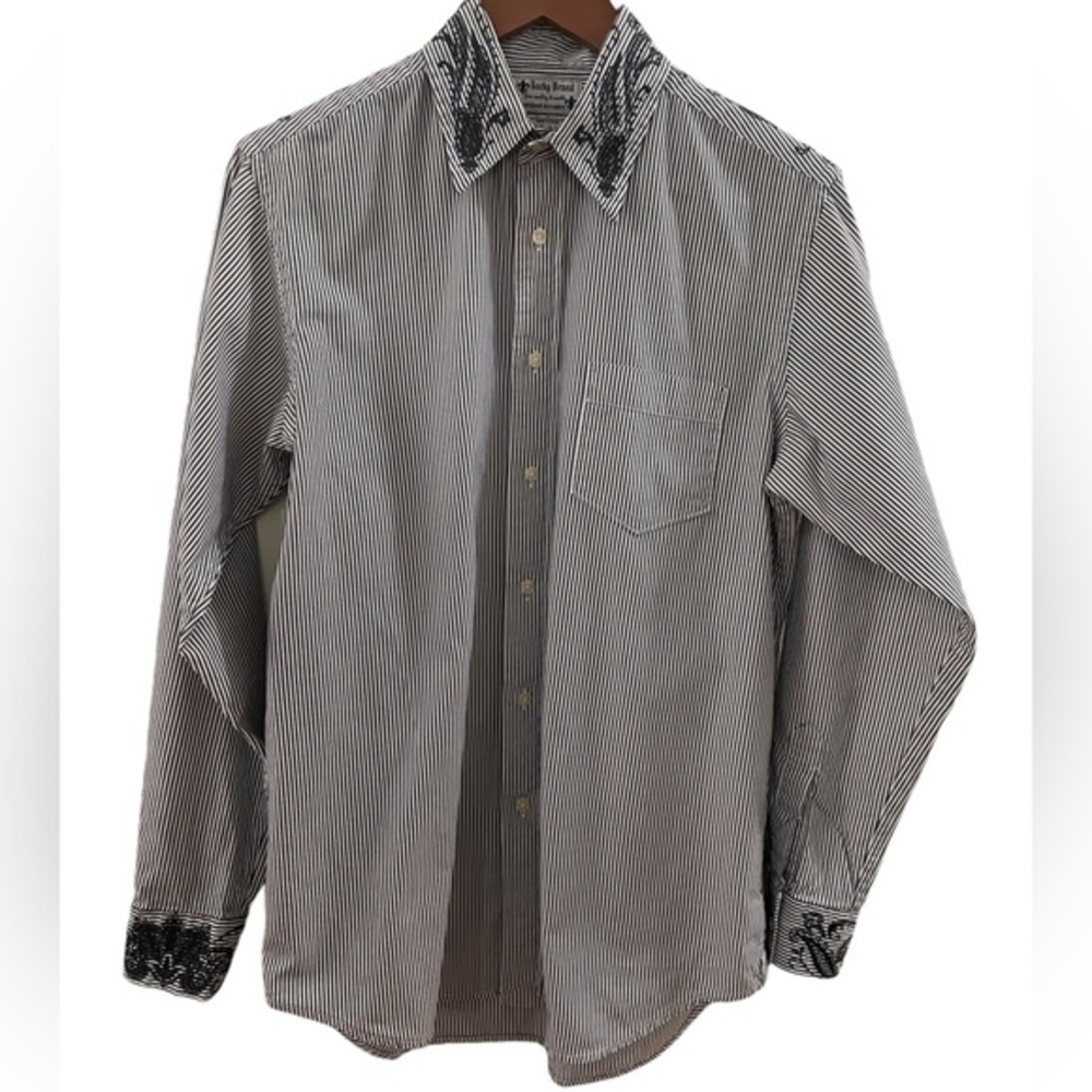 Lucky Brand Button Down Collared Shirt Long Sleeved Striped Embroidered Western
